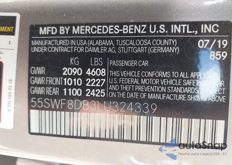 2020 Mercedes-Benz C 300 из США, поврежденный, VIN 55SWF8DB3LU324339